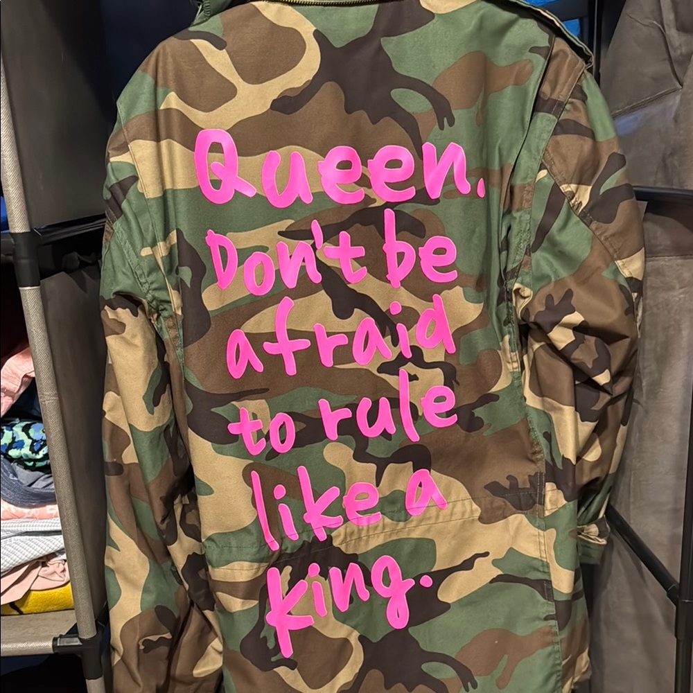 Camouflage Utility Jacket with Pink Lettering